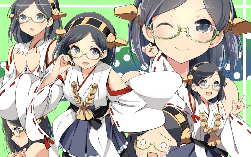 +_+ 1girl black_eyes black_hair blush detached_sleeves glasses green-framed_glasses green_background hairband hand_on_hip headgear japanese_clothes kantai_collection kirishima_(kantai_collection) looking_at_viewer open_mouth personification short_hair smile wara_(warapro) wide_sleeves wink