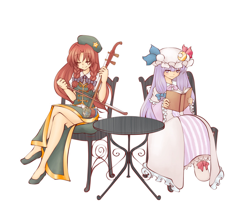 2girls book braid chair chinese_clothes closed_eyes closed_mouth crescent crossed_legs_(sitting) dress erhu green_clothes hair_ribbon hat highres hong_meiling light_smile long_hair looking_at_another moon multiple_girls nose open_eyes patchouli_knowledge plantplanetplace puffy_sleeves purple_dress purple_hair redhead ribbon shoes sitting smile star table touhou twin_braids violet_eyes white_background