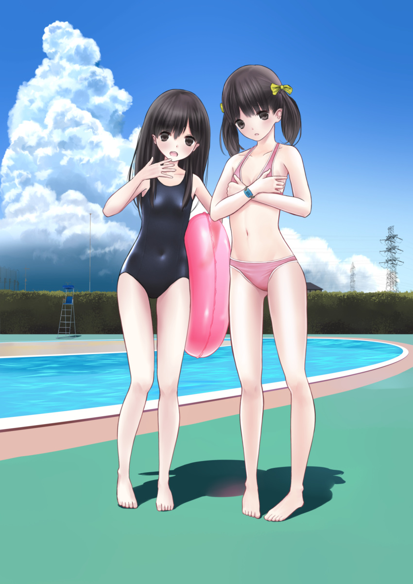 absurdres bikini black_eyes black_hair bow chikuwa_(glossymmmk) clouds covering_chest hair_bow highres lifeguard_chair long_hair navel original pool power_lines school_swimsuit sky swimsuit twintails