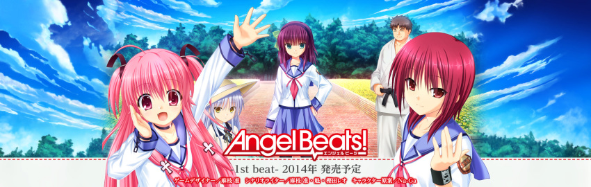 1boy 4girls :d ahoge angel_beats! copyright_name cuffs highres iwasawa key_(company) long_hair matsushita multiple_girls na-ga official_art open_mouth pink_hair ribbon school_uniform short_hair smile tachibana_kanade yui_(angel_beats!) yuri_(angel_beats!)