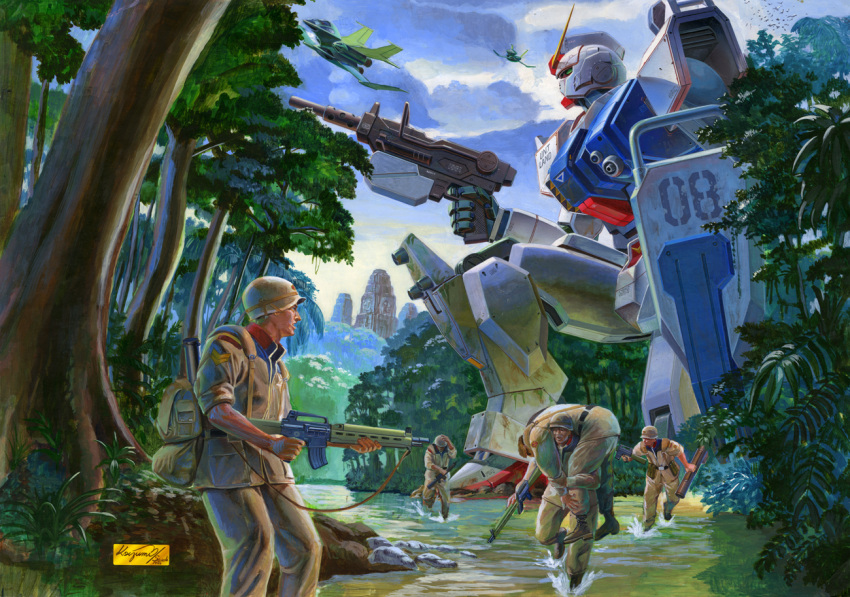 5boys acrylic_paint_(medium) airbrush_(medium) airplane artist_name assault_rifle backpack bag clouds fireman's_carry flying gun gundam gundam_08th_ms_team helmet injury jungle koizumi_kazuaki_production m16 mecha military military_uniform multiple_boys nature rifle river ruins sky soldier traditional_media tree uniform war weapon