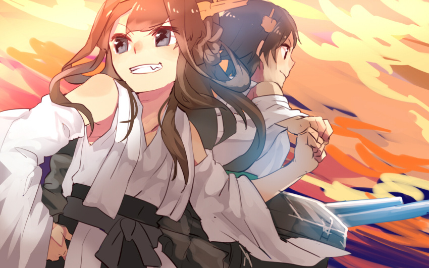 2girls bare_shoulders blue_eyes blush brown_hair detached_sleeves fist_bump grin hairband headgear hiei_(kantai_collection) japanese_clothes kantai_collection kongou_(kantai_collection) ky_(kurokky709) long_hair multiple_girls nontraditional_miko personification short_hair skirt smile