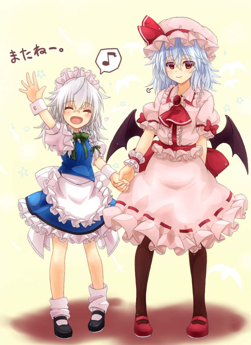 2girls age_switch apron ascot bat bat_wings blue_dress blue_hair braid brooch child closed_eyes dress hat hat_ribbon highres holding_hands izayoi_sakuya jewelry maid maid_headdress mickey_dunn mob_cap multiple_girls musical_note older open_mouth pink_dress puffy_sleeves red_eyes remilia_scarlet ribbon sash shirt short_sleeves silver_hair smile spoken_musical_note star touhou translated twin_braids waist_apron wings wrist_cuffs younger
