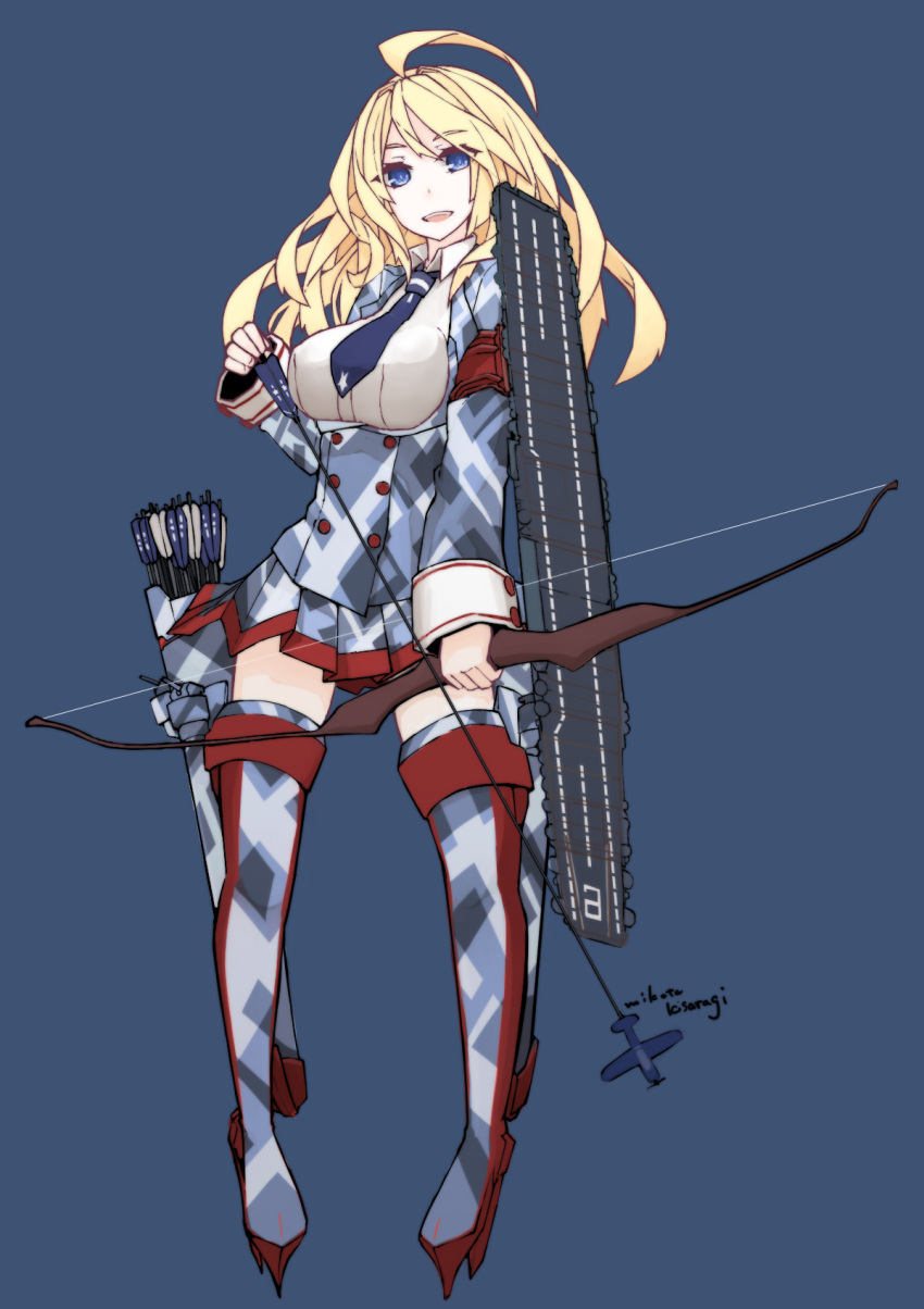 1girl ahoge arrow blonde_hair blue_background blue_eyes boots bow camouflage highres kantai_collection long_hair mikoto_(oi_plus) military military_uniform miniskirt necktie original personification quiver signature simple_background skirt solo thigh_boots thighhighs uniform zettai_ryouiki