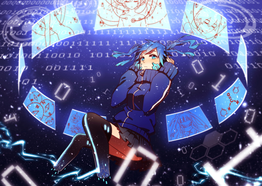 1girl artist_request azami_(kagerou_project) binary blue_eyes blue_hair cable closed_eyes ene_(kagerou_project) enomoto_takane kagerou_project kokonose_haruka looking_at_viewer mole monitor nude spoilers thigh-highs track_jacket twintails zettai_ryouiki
