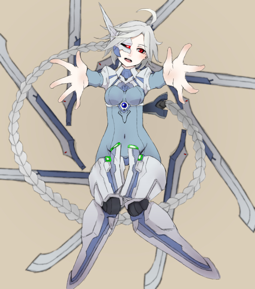 1girl ahoge blazblue bodysuit highres mecha_musume nu-13 outstretched_arms red_eyes silver_hair spread_arms visor
