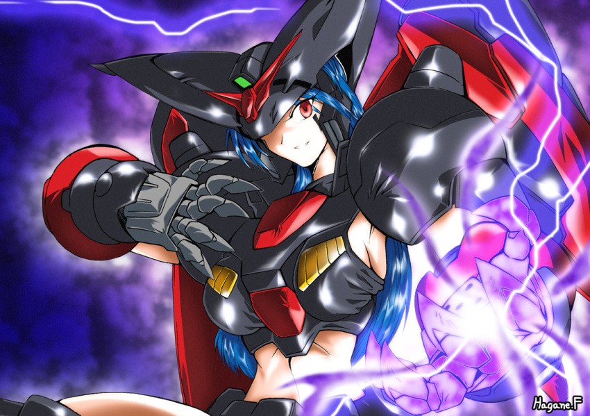 blue_hair electricity fighting_stance g_gundam glowing gundam haganef long_hair master_gundam mecha_musume midriff red_eyes shining_finger