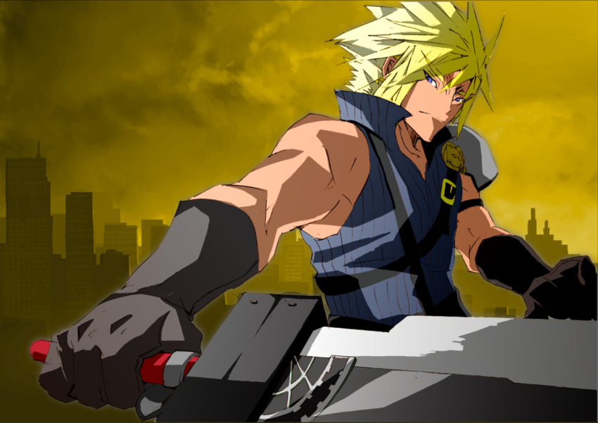 bad_id blonde_hair blue_eyes cloud_strife final_fantasy final_fantasy_vii final_fantasy_vii_advent_children foreshortening gloves hands male manly siirakannu solo sword weapon