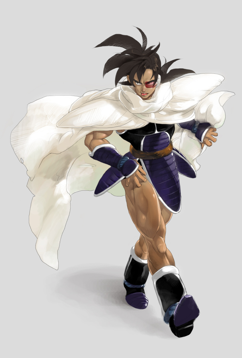 1boy armor black_hair boots cape dragon_ball dragon_ball_z highres male muscle open_mouth saiyan scouter solo tail turles