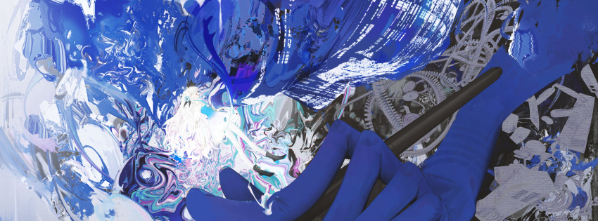 1girl abstract_background absurdres blue_dress blue_flower blue_hair boots closed_eyes dress floating flower hair_flower hair_ornament highres holding holding_stylus isekai_joucho jiyeeey kamitsubaki_studio long_hair multicolored_hair open_mouth pantyhose smile solo stylus surreal two-tone_dress two-tone_hair very_long_hair virtual_youtuber white_dress white_hair white_pantyhose