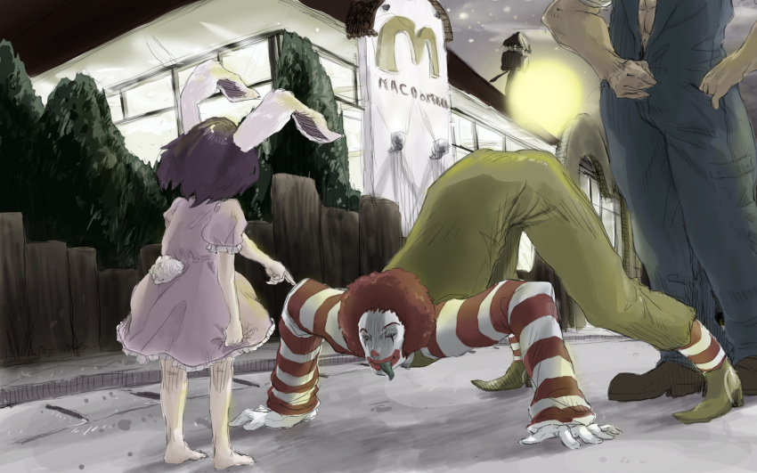 animal_ears barefoot bear_(qma) bunny_ears child creepy crossover female gloves highres inaba_tewi kuso_miso_technique male mcdonald's mcdonald's parody pointing rabbit_ears red_hair redhead ronald_mcdonald tongue top-down_bottom-up touhou unzipping wallpaper what you_gonna_get_raped