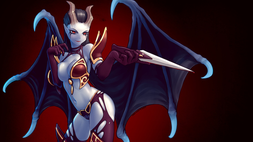 1girl akasha_the_queen_of_pain armor black_hair blood blue_skin breasts defense_of_the_ancients demon_girl demon_horns demon_wings dota_2 elbow_gloves evil_smile foxfoot gloves highres horns knife navel red_eyes shoulder_pads smile solo succubus thighhighs wings