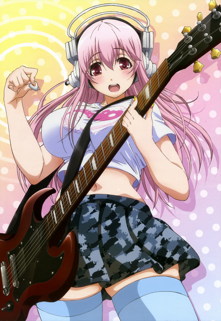 1girl absurdres guitar headphones highres instrument long_hair nitroplus nyantype official_art open_mouth pink_eyes pink_hair plectrum solo soniani super_sonico thighhighs zettai_ryouiki