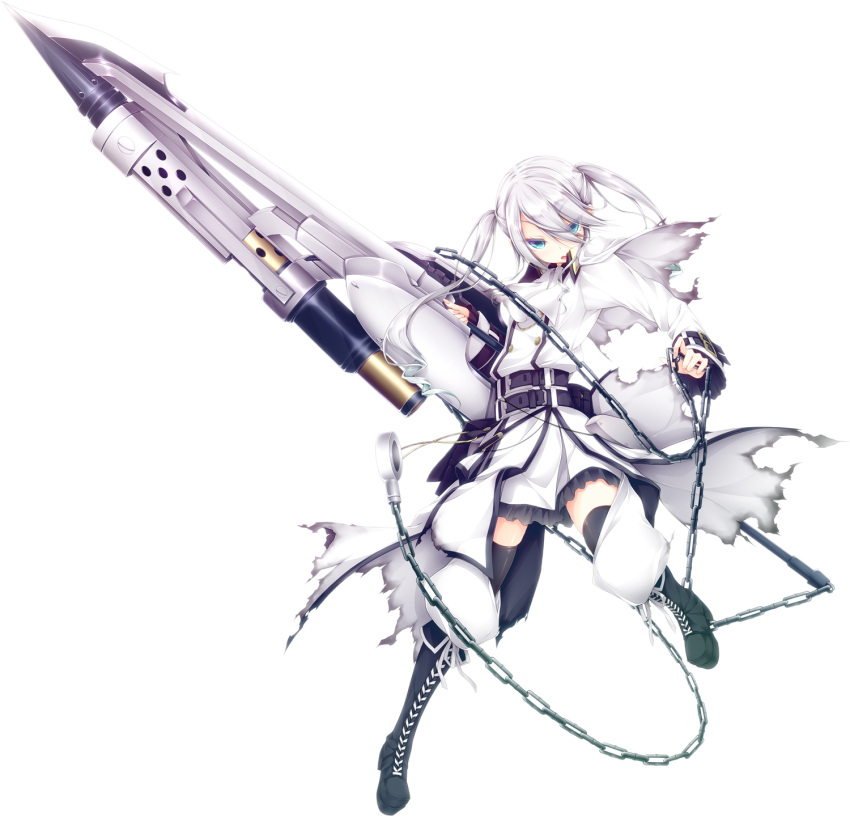 1girl black_legwear blue_eyes boots chain highres huge_weapon long_hair looking_at_viewer luna_lia silver_hair simple_background solo torn_clothes twintails weapon white_background