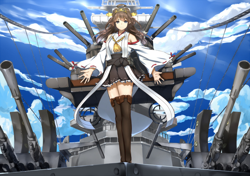 1girl ahoge bare_shoulders boots brown_hair detached_sleeves double_bun hairband japanese_clothes kantai_collection kongou_(kantai_collection) long_hair mu-nyako personification ribbon-trimmed_sleeves ribbon_trim ship thigh_boots thighhighs