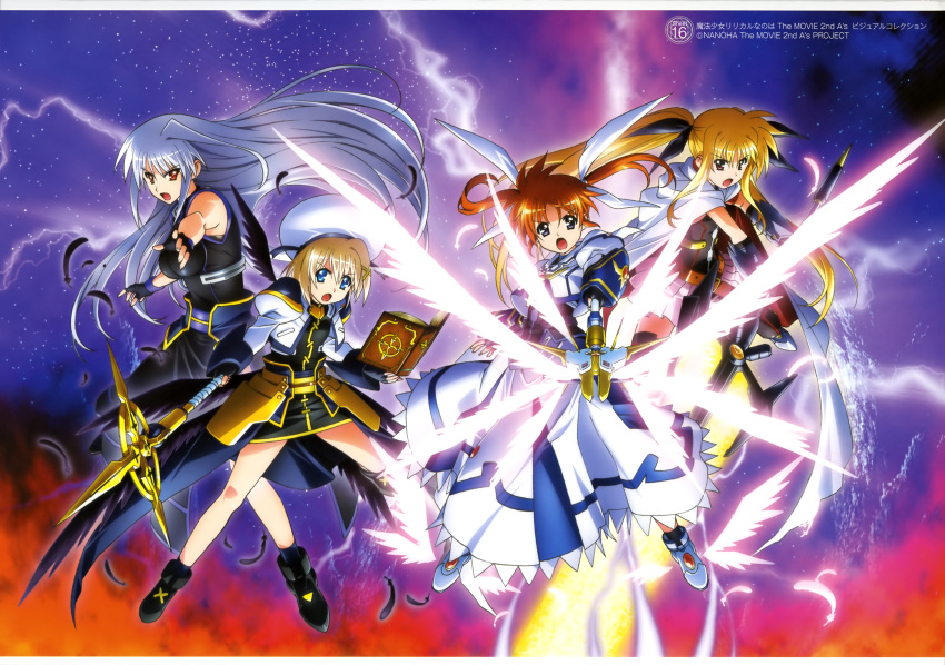 4girls :o absurdres artist_request bardiche black_legwear blonde_hair blue_eyes book boots brown_hair cape celtic_cross dress energy_sword energy_wings fate_testarossa fingerless_gloves fire gloves hair_ribbon hat highres huge_weapon jacket long_hair lyrical_nanoha mahou_shoujo_lyrical_nanoha mahou_shoujo_lyrical_nanoha_a's mahou_shoujo_lyrical_nanoha_the_movie_2nd_a's multiple_girls official_art raising_heart red_eyes reinforce ribbon schwertkreuz short_hair short_twintails silver_hair skirt staff star starry_background sword takamachi_nanoha thigh-highs tome_of_the_night_sky twintails violet_eyes weapon winged_shoes yagami_hayate