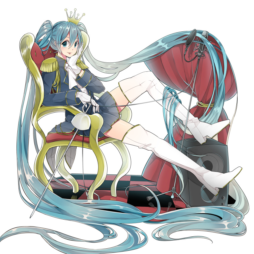 1girl absurdly_long_hair absurdres aqua_eyes aqua_hair boots checkered checkered_floor crown epaulettes gloves hatsune_miku highres long_hair microphone microphone_stand naruto_maki rapier sitting skirt smile solo speaker sword thigh_boots thighhighs twintails very_long_hair vocaloid weapon white_background