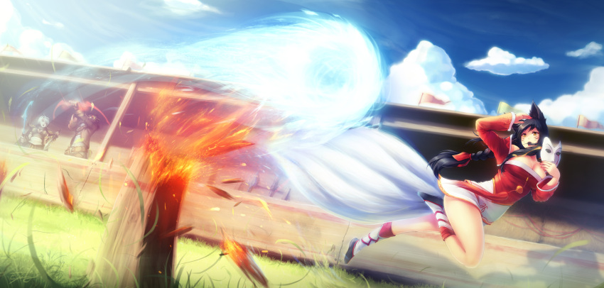 1boy 2girls ahri animal_ears black_hair bow_(weapon) breasts cleavage clouds facial_mark fire fox_ears fox_tail highres kerasu large_breasts league_of_legends long_hair mask multiple_girls multiple_tails running sky sword tail weapon whisker_markings yellow_eyes