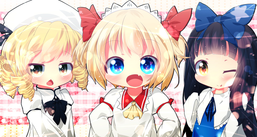 3girls akisha ascot black_hair blonde_hair blue_dress blue_eyes blush bow brown_eyes chestnut_mouth dress drill_hair fang grey_eyes hair_bow hair_ribbon hat highres juliet_sleeves licking_lips long_hair long_sleeves looking_at_viewer luna_child maid_headdress multiple_girls open_mouth puffy_sleeves ribbon smile star_sapphire sunny_milk touhou twintails very_long_hair white_dress wide_sleeves wink