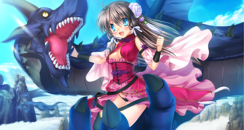1girl :d ahoge black_legwear blue_eyes breasts cleavage dragon fang hair_ornament highres hinoue_itaru mountain open_clothes open_mouth open_shirt original panties ribbon smile thighhighs underwear