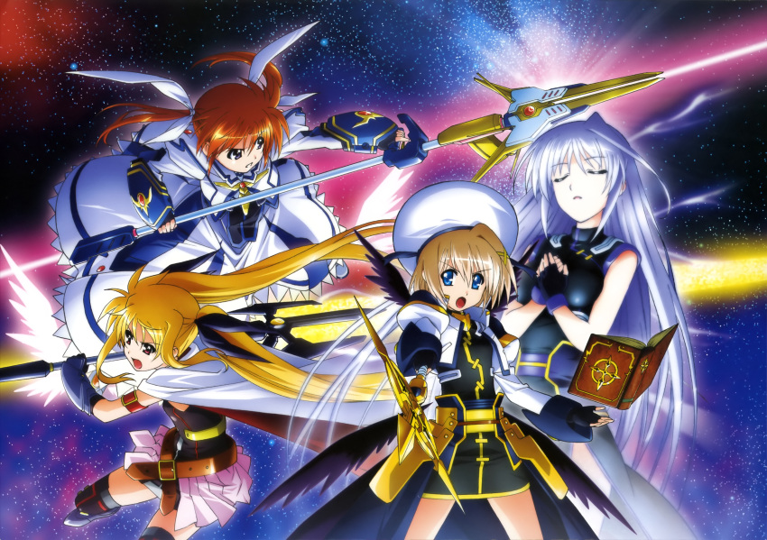 4girls :o absurdres artist_request bardiche black_legwear blonde_hair blue_eyes book boots brown_hair cape celtic_cross closed_eyes dress energy_sword energy_wings fate_testarossa fingerless_gloves gloves hair_ribbon hat highres huge_weapon jacket long_hair lyrical_nanoha mahou_shoujo_lyrical_nanoha mahou_shoujo_lyrical_nanoha_a's mahou_shoujo_lyrical_nanoha_the_movie_2nd_a's multiple_girls official_art raising_heart red_eyes reinforce ribbon schwertkreuz short_hair short_twintails silver_hair skirt staff star starry_background sword takamachi_nanoha thigh-highs tome_of_the_night_sky twintails violet_eyes weapon winged_shoes yagami_hayate