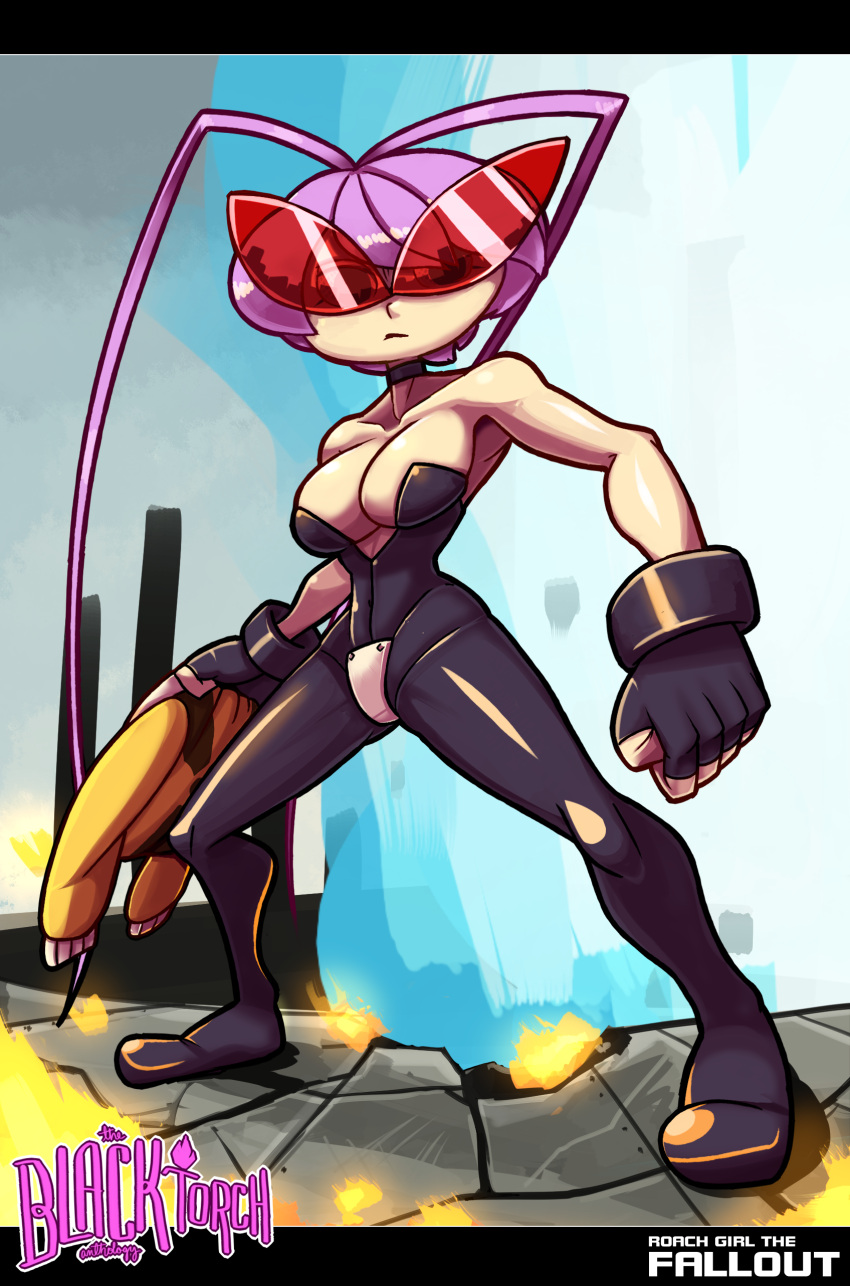 1girl absurdres antennae black_torch bodysuit breasts choker cleavage crotch_plate fallout_(black_torch) fingerless_gloves gloves highres jacket jacket_removed kamina_shades large_breasts letterboxed pantyhose purple_hair sarikyou short_hair solo