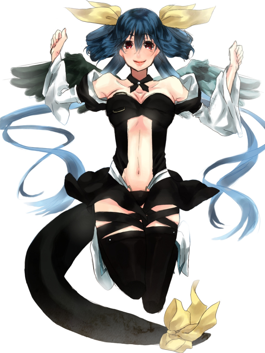 1girl asymmetrical_wings black_legwear blue_hair breasts choker detached_collar dizzy feathered_wings guilty_gear hair_ribbon highres long_hair navel navel_cutout red_eyes ribbon smile solo tail tail_ribbon thigh-highs twintails wings
