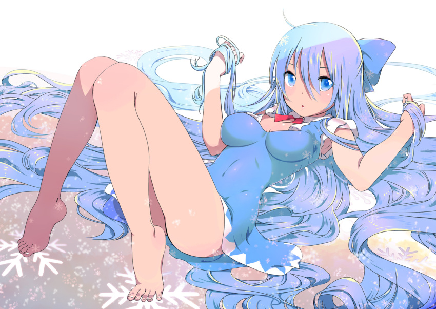 1girl absurdly_long_hair adult ass bare_legs barefoot blue_dress blue_eyes blue_hair bow breasts cirno commentary_request dress hair_bow hands_in_hair large_breasts long_hair looking_at_viewer lying on_back open_mouth puffy_sleeves shirt short_sleeves solo touhou undersized_clothes very_long_hair yamada_ranga