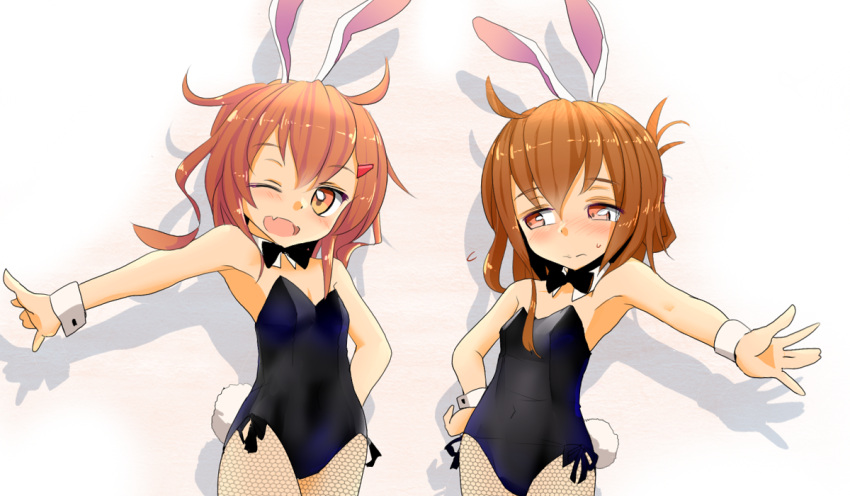 2girls animal_ears blush bowtie brown_eyes brown_hair bunny_girl bunny_tail bunnysuit fang hair_ornament hairclip hand_on_hip ikazuchi_(kantai_collection) inazuma_(kantai_collection) ishikkoro kantai_collection multiple_girls open_mouth outstretched_arm personification rabbit_ears short_hair smile sweatdrop tail wink wrist_cuffs