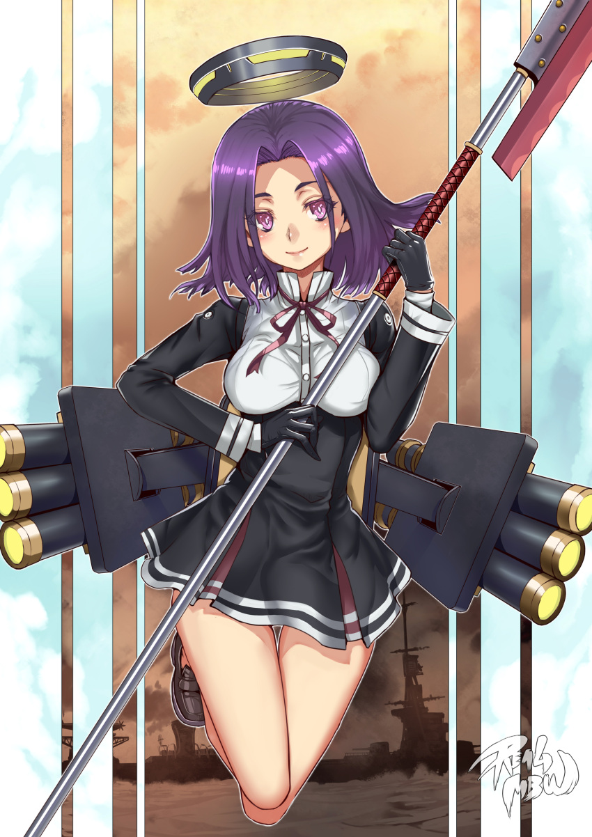 1girl absurdres artist_name bangs black_gloves dress full_body glaive gloves highres kantai_collection lips loafers mechanical_halo parted_bangs personification polearm purple_hair realmbw shoes smile solo tatsuta_(kantai_collection) violet_eyes weapon