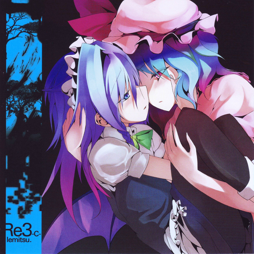 2girls absurdres album_cover alternate_hair_length alternate_hairstyle apron bat_wings black_background black_legwear blue_eyes blue_hair blush bow cover frills hand_on_another's_face hand_on_another's_head hat hat_ribbon highres izayoi_sakuya long_hair looking_at_another maid_headdress mob_cap multiple_girls open_mouth pantyhose profile puffy_sleeves red_eyes remilia_scarlet ribbon scan shirt short_hair short_sleeves silver_hair simple_background suzume_miku touhou tree wavy_hair white_shirt wings yuri