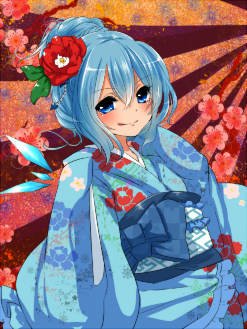 1girl :q alternate_costume alternate_hairstyle blue_eyes blue_hair blush cirno flower hair_flower hair_ornament highres japanese_clothes looking_at_viewer negiko short_hair solo tongue touhou wings
