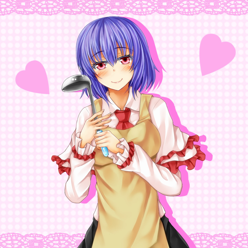 1girl apron blue_hair blush colored_shadow heart highres lace_border ladle leaning_over long_sleeves looking_at_viewer nagae_iku necktie no_hat polka_dot polka_dot_background red_eyes shadow short_hair smile solo tokoya touhou