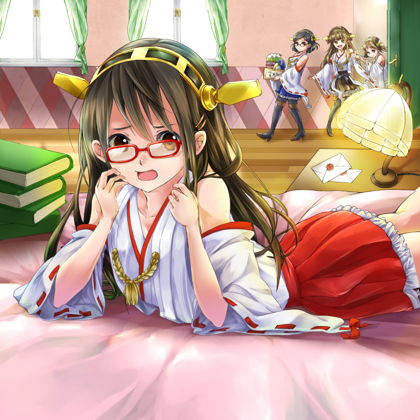 4girls bare_shoulders bespectacled black_hair brown_hair detached_sleeves glasses hairband haruna_(kantai_collection) headgear hiei_(kantai_collection) highres japanese_clothes kantai_collection kirishima_(kantai_collection) kongou_(kantai_collection) long_hair multiple_girls nontraditional_miko open_mouth personification short_hair