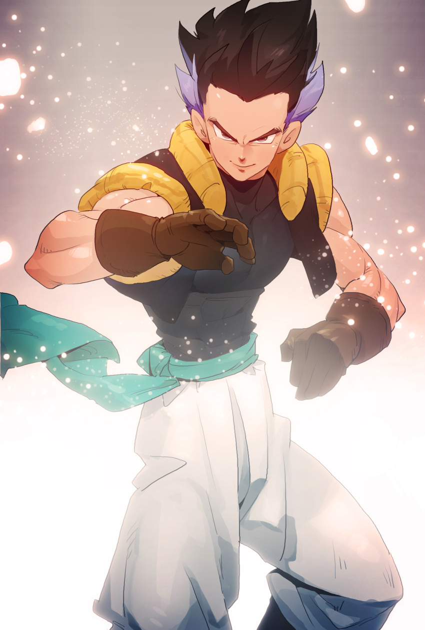 1boy black_hair dragon_ball dragon_ball_z fusion gloves gotenks highres looking_at_viewer male multicolored_hair muscle official_style older purple_hair smile solo spiky_hair supobi two-tone_hair vest