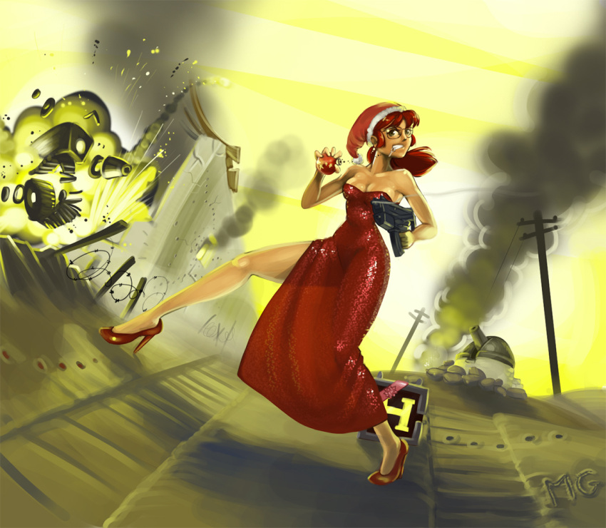 1girl alternate_costume bare_legs bare_shoulders bauble breasts christmas cleavage dress dutch_angle earrings explosion explosive fio_germi formal glasses grenade gun hat high_heels jewelry long_legs mario_grant metal_slug military military_vehicle mouth_pull ponytail power-up red_dress redhead santa_hat shiny shiny_clothes side_slit smoke smoking_gun solo strapless_dress submachine_gun tank vehicle war weapon