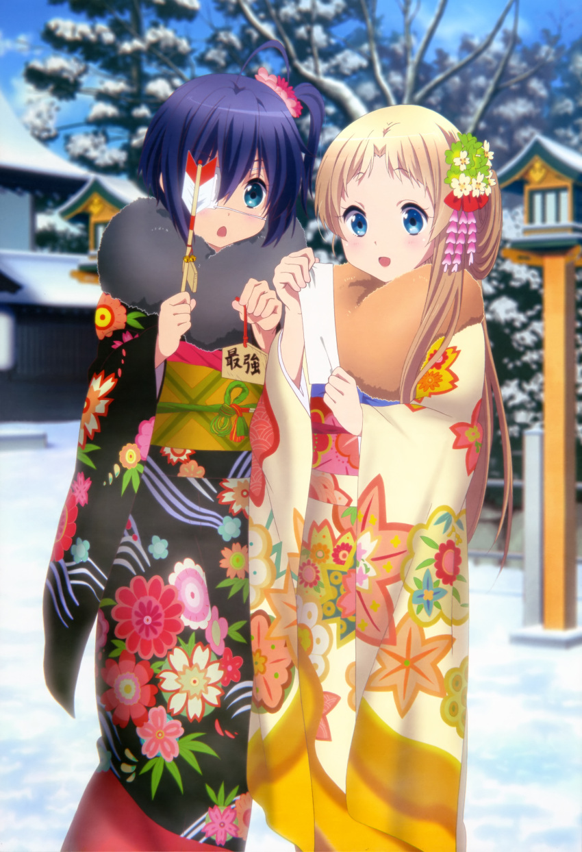 2girls absurdres ahoge blonde_hair blue_eyes blue_hair chuunibyou_demo_koi_ga_shitai! dekomori_sanae eyepatch flower hair_flower hair_ornament highres japanese_clothes multiple_girls nyantype official_art short_hair snow takanashi_rikka winter