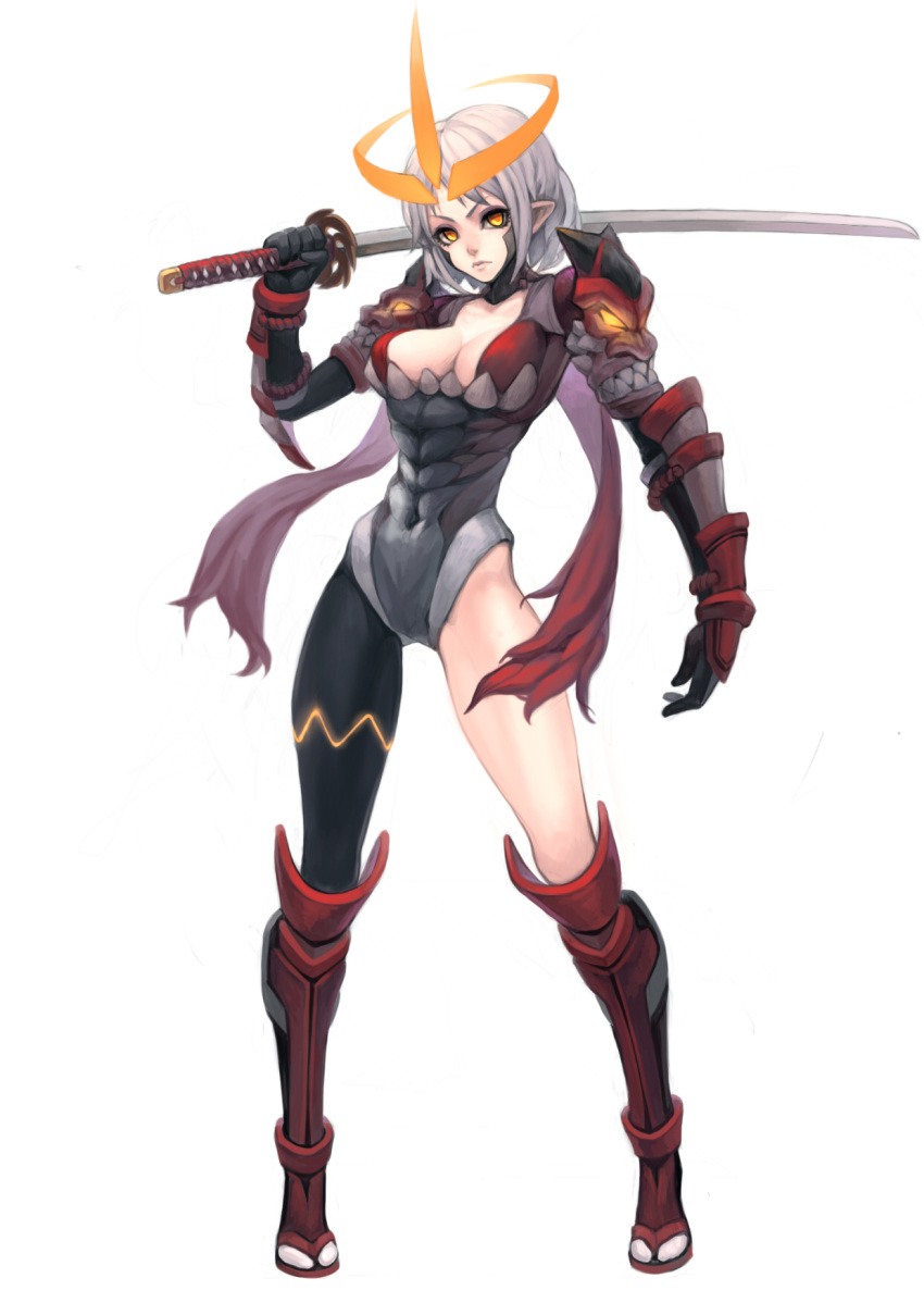 1girl breasts cleavage fkey gloves highres original short_hair silver_hair sword weapon yellow_eyes