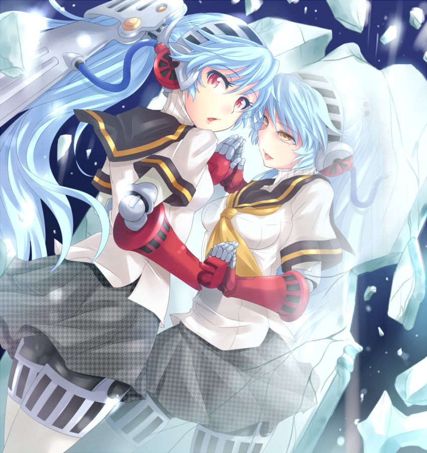 android aqua_hair different_reflection dual_persona holding_hands ice kitayama_miuki labrys persona persona_4:_the_ultimate_in_mayonaka_arena red_eyes reflection school_uniform skirt yellow_eyes