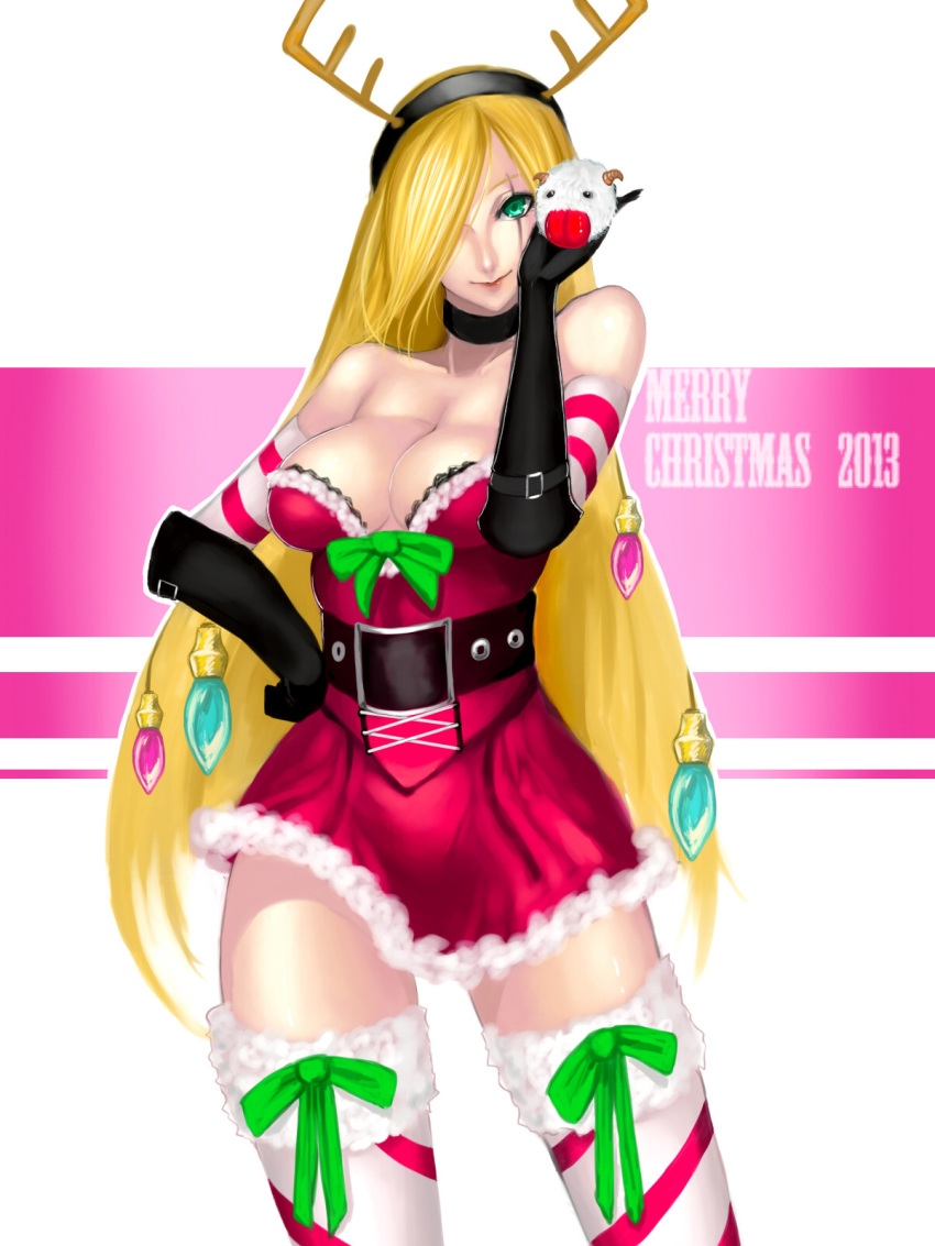 1girl 2013 bare_shoulders belt blonde_hair breasts character_request choker christmas cleavage detached_sleeves dress elbow_gloves garters gloves green_eyes hair_ornament hair_over_one_eye hand_on_hip highres kumiko_(aleron) large_breasts league_of_legends long_hair merry_christmas nose poro_(league_of_legends) ribbon scar short_dress smile solo strapless_dress striped striped_legwear striped_sleeves thighhighs