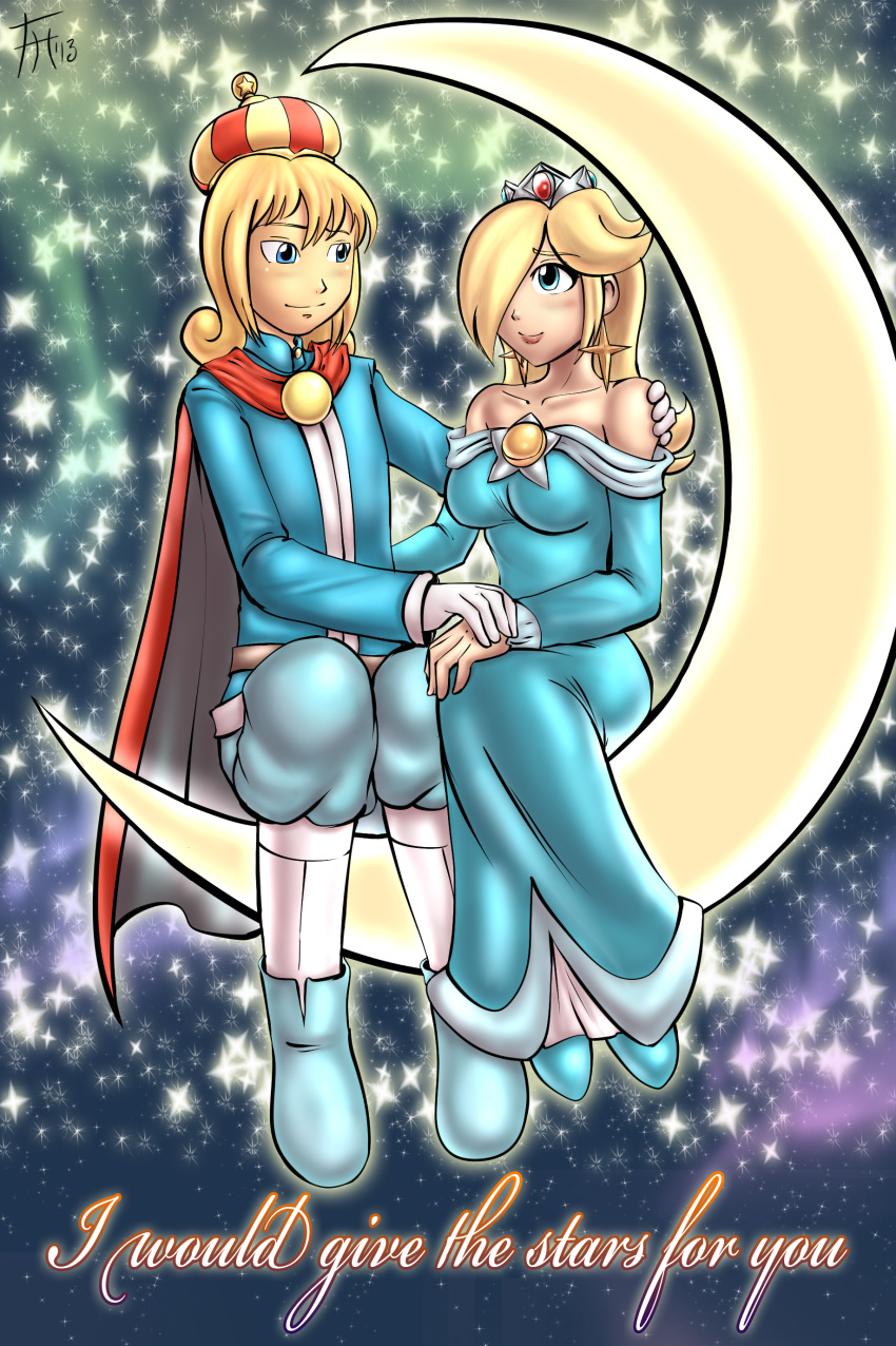 1boy 1girl bare_shoulders blonde_hair brooch cape couple crescent_moon crown dress earrings fenril-huayra hair_over_one_eye helio_(oc) husband_and_wife long_hair looking_at_another love original_character rosalina space stars super_mario super_mario_galaxy