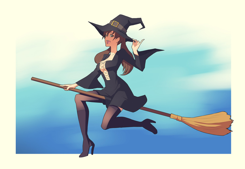 1girl alicia_melchiott alternate_costume black_legwear breasts broom broom_riding brown_eyes brown_hair cleavage flying hat high_heels kuso open_mouth pinky_out senjou_no_valkyria senjou_no_valkyria_1 solo thighhighs twintails wide_sleeves witch witch_hat