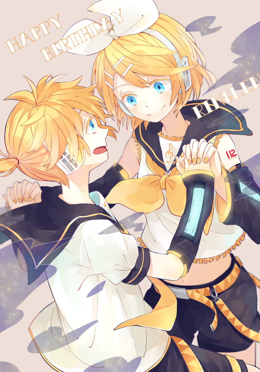 1boy 1girl aqua_eyes arm_warmers blonde_hair blush brother_and_sister bureax3000 eye_contact hair_ornament hair_ribbon hairclip headphones highres holding_hands kagamine_len kagamine_rin looking_at_another navel necktie open_mouth ribbon sailor_collar short_hair shorts siblings smile twins vocaloid