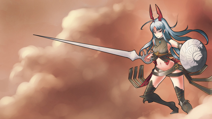 1girl ahoge aliasse artist_name beltskirt boots clouds highres horns huge_ahoge kuso lance long_hair midriff navel no_panties polearm red_eyes senjou_no_valkyria senjou_no_valkyria_2 shield silver_hair small_breasts solo thigh_boots thighhighs weapon