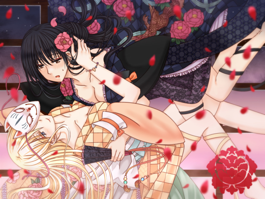 2girls black_clothes black_hair blonde_hair blue_eyes blush brown_eyes fan floating floral_print flower flower_on_head fox_mask hair_between_eyes hair_bun hand_on_another's_cheek hand_on_another's_face hand_on_another's_hip japanese_clothes jewelry kimono light_smile long_hair looking_at_another mask multiple_girls night open_mouth original petals star_(sky) willowonion window yellow_clothes yuri
