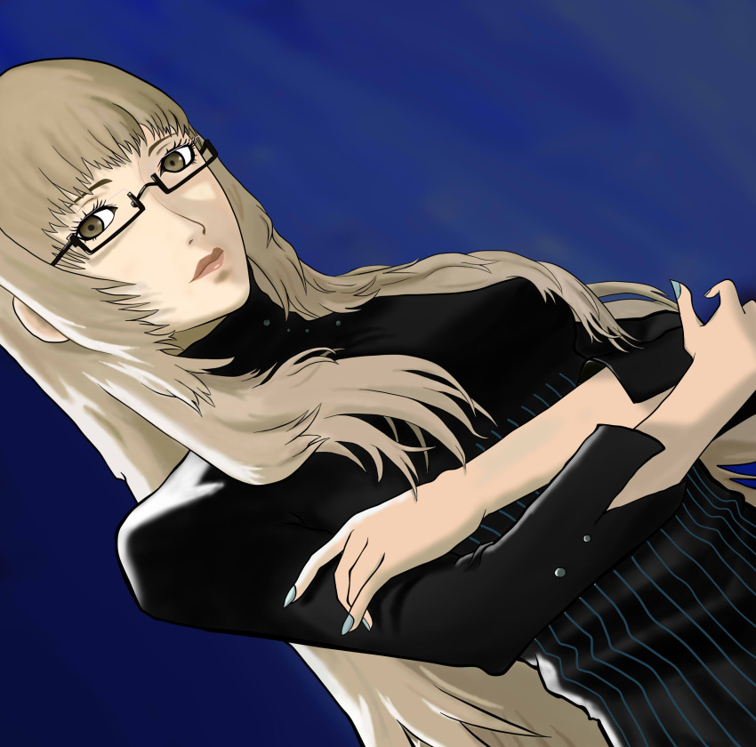 1girl absurdres boa_(m105121) brown_eyes brown_hair catherine_(game) dutch_angle glasses highres katherine_mcbride lipstick long_hair makeup nail_polish semi-rimless_glasses simple_background solo under-rim_glasses
