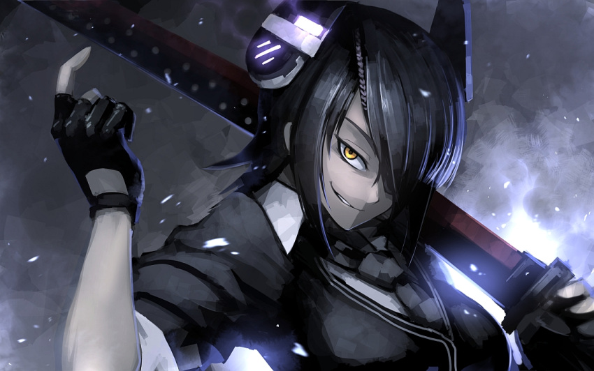 1girl black_hair breasts eyepatch fingerless_gloves gloves grin hetza_(hellshock) kantai_collection looking_at_viewer necktie short_hair smile solo sword tenryuu_(kantai_collection) weapon yellow_eyes