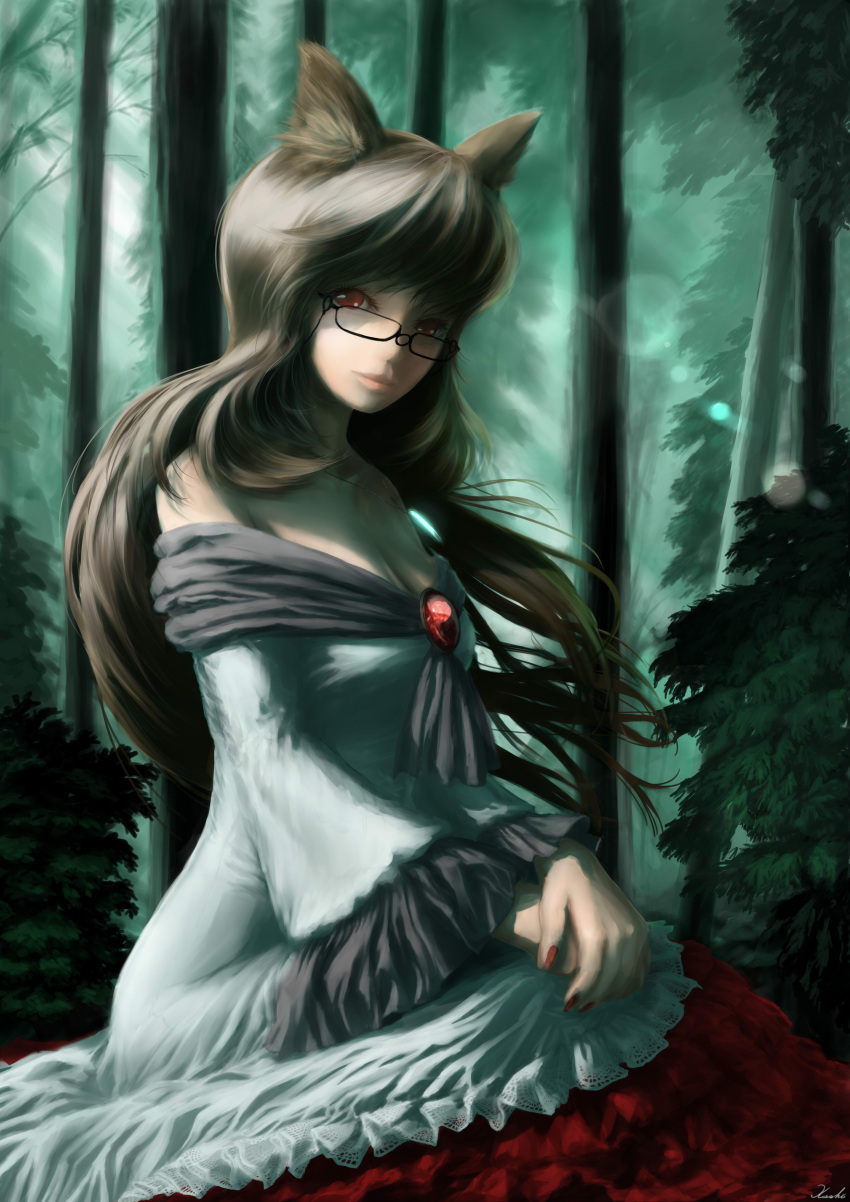 1girl absurdres animal_ears bespectacled breasts brooch brown_hair cleavage eyelashes fingernails forest glasses hands_on_lap hands_together head_tilt highres imaizumi_kagerou jewelry koshi_(koshi_vortex) layered_dress lips long_hair looking_at_viewer nail_polish nature pendant red_eyes shawl sitting solo touhou wolf_ears