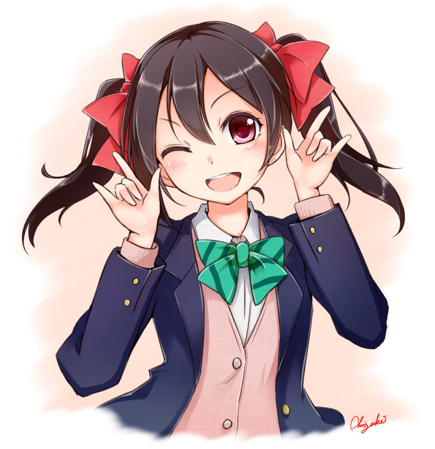 1girl ;d \m/ akizuki_rito black_hair blush bow double_\m/ hair_bow highres looking_at_viewer love_live!_school_idol_project nico_nico_nii one_eye_closed open_mouth red_eyes school_uniform short_hair signature smile solo twintails yazawa_nico