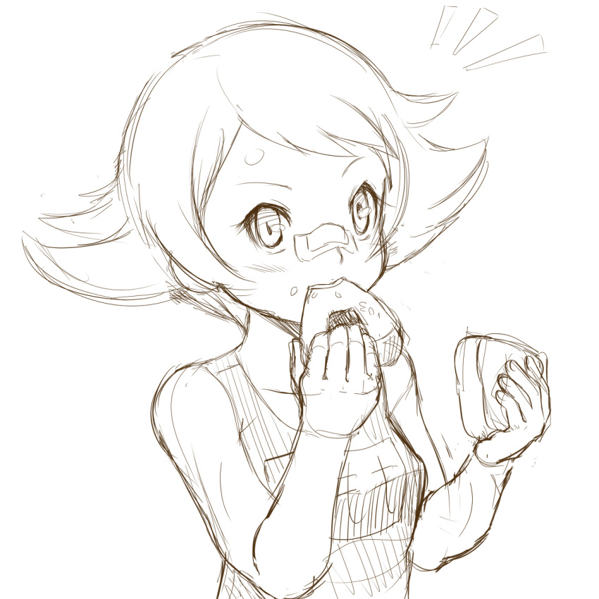 1girl bandaid bandaid_on_nose blush eating food food_on_face gym_leader highres monochrome onigiri pokemon pokemon_(game) pokemon_dppt refuto rice_on_face short_hair sketch small_breasts solo sumomo_(pokemon)